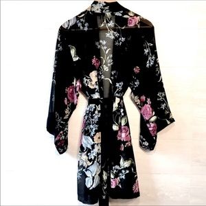 Helena Quinn Sheer Dark Floral Robe/Kimono with Belt Tie